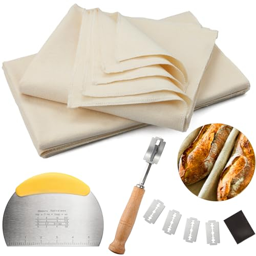 Bäckerleinen Leinentuch Brot Backen 2 Stk 75X45cm Natur Bäckerleinen Teige Teigtuch mit Teigkarte Bäckermesser Gärfolie für Brotbackzubehör Strudeltuch zur Teigzubereitung(Baumwolle)