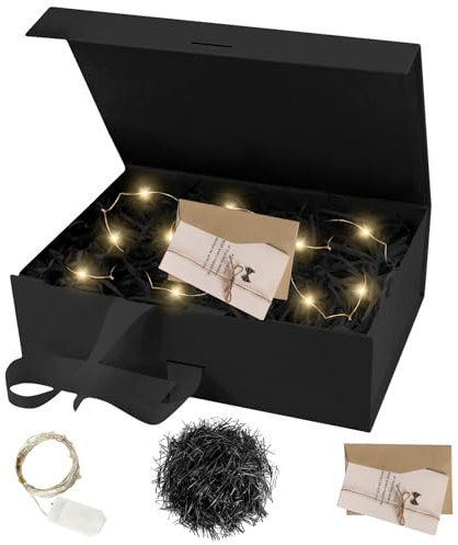 Geschenkbox 21*17*7 cm Mit Deckel, Schleife, Karte, Bast und Licht - Geschenkverpackung für Hochzeit, Valentinstag, Weihnachten und Geburtstag