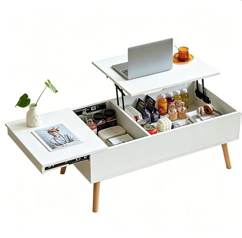 JanflyHome Höhenverstellbar Couchtisch mit Stauraum, wohnzimmertisch weiß | Couchtisch Höhenverstellbarer mit Schiebeplatte, 2 Versteckten Ablagefächern, kaffeetisch, 100 x 50 x 45 cm