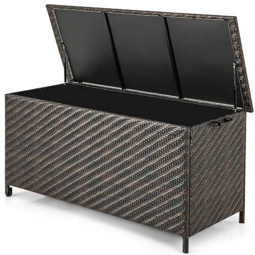 GiantexUK 320L Garden Storage Box, Waterproof Rattan Deck Box with Zippered Liner, Wheels & Gas Strut, Outdoor Utility Chest Container for Patio Poolside Cushions Pillows Tools (Diagonal Shape)