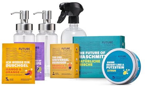 Future Stories Favoriten-Set mit Handseife, Duschgel, Universal-Reiniger, Allzweck-Putzstein, Waschmittelstreifen, Sprühflasche, 2 Pumpspender