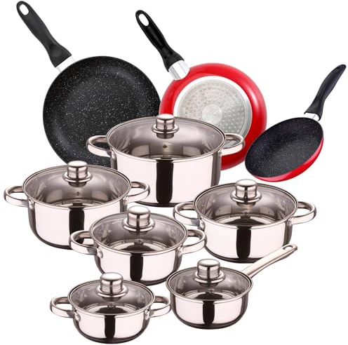 San Ignacio Bateria de cocina 12 piezas Cassel acero inoxidable + 3 sartenes 16/20/24cm en aluminio prensado