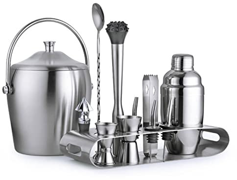 Juego de coctelera de 12 piezas para barman, juego de regalo con soporte, juego de barra para el hogar, coctelera de martini con colador incorporado, mortero, medidor, coctelera de acero inoxida