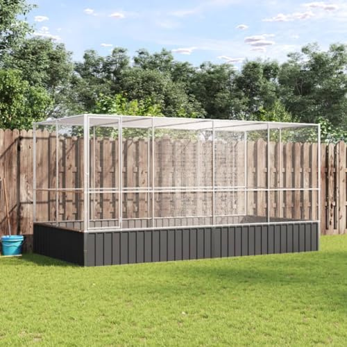 Sufrk Pajarera con extensión plateada 418 x 207 x 212 cm de acero, valla para animales con lona de cobertura, valla de acero con puertas para gallinas y conejos