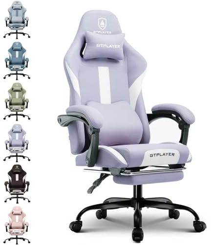 GTPLAYER Gamingstol, spelstol, andningsbar kontorsstol i tyg av hög kvalitet, ergonomisk PC-stol, justerbar och svängbar kontorsstol med fotstöd, Lila