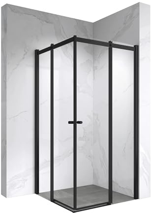 Moments of Glass Duschkabine Kaylee mit Schiebetüren 110x130 cm Höhe 195 cm – Eckduschkabine Schwarz, 6 mm durchsichtiges Nano ESG-Sicherheitsglas, hochwertiges Rollsystem, beidseitig montierbar