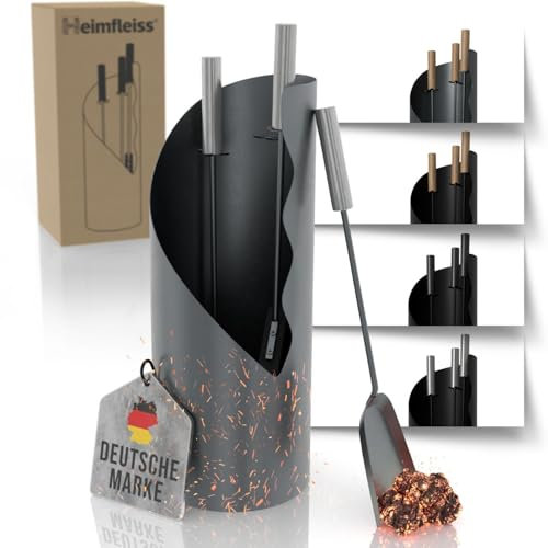 Heimfleiss® Kaminbesteck Grau Modern | Kaminzubehör mit Edelstahl Griffen | Ofenbesteck Kaminbesteck Set | Kaminset aus Schürhaken & Kehrset | Kaminofen Besteck Set | Kamingarnitur für Kamin Ofen