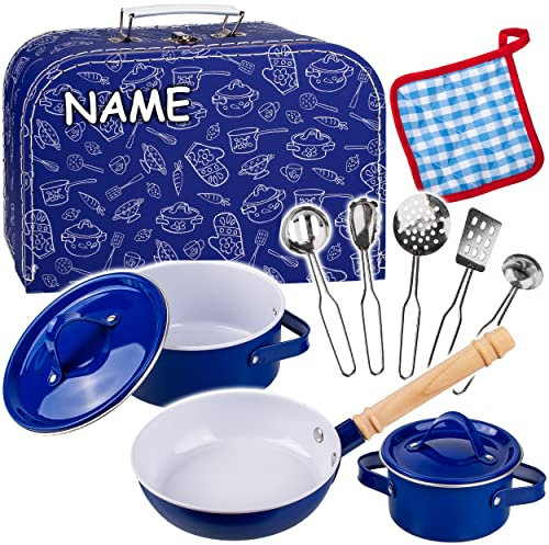 alles-meine.de GmbH 12 TLG. Set Kinder - Koffer Kochset & Topfset inkl. Name - Puppengeschirr/Kochtopfset - Antihaft - aus Metall/echte Edelstahl Blech Töpfe/Panne + ..