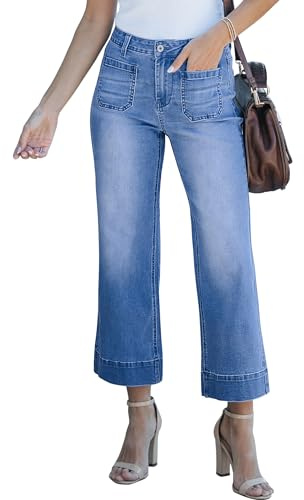 Roskiky Pantalones vaqueros holgados para mujer, de cintura alta, acampanados, cropped, de mezclilla, elásticos, holgados, con bolsillos de parche, XL