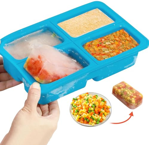 Cup Large Silicone Soup Freezer Tray with Lid, Silicone Freezer Moulds,Soup Freezer Containers,Container for Storing and Freezing Soup,Broth,Sauce and Ice,Large 4-Compartment Freezer Container, Blue