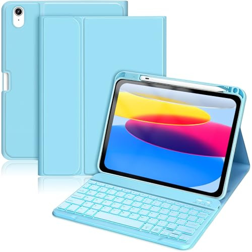 Custodia con Tastiera per iPad 10 Generazione 10,9 Pollici 2022 / iPad A16 11 Pollici 2025 – Cover con Tastiera Retroilluminata 7 Colori, Custodia Staccabile Wireless con Portapenna, Azzurro