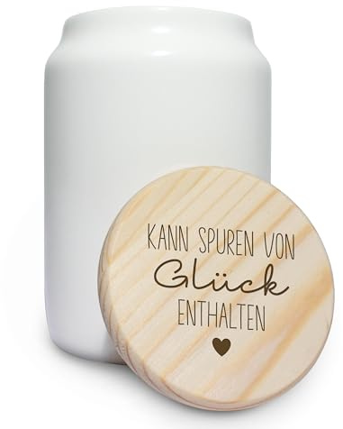 True Statements Keramikdose „Spuren von Glück & Herz“ - Holzdeckel veredelt mit Gravur - 650ml - Geschenk für Freunde & Familie - Keksdose Aufbewahrungsdose Vorratsdose aromasicher & luftdicht