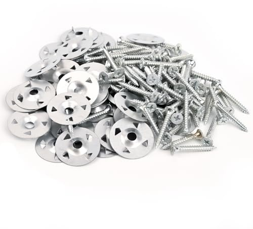 Tile Backer Board Screws and Washers Kit - 100 PCS 3.5x30mm Screws with 100 PCS 35mm Metal Washers for Insulation, Cement Board, Shower Pan Installation（4-Hole Washer）