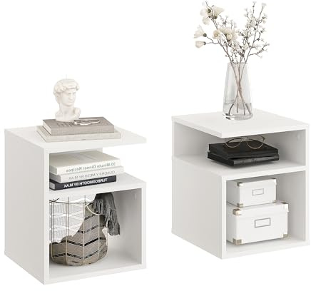 Komto Table de Chevet Lot de 2 Blanc – Table de Nuit avec 2 Compartiments Ouverts, Chevet de Lit Moderne pour Chambre|KABA 35 x 35 x 41,5 cm