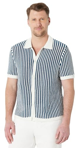 Amazon Essentials Camicia Button-Down a Maniche Corte Resort in Maglia Uomo, Maglia A Righe Blu Scuro, XL