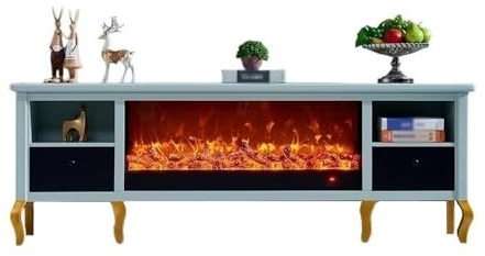 Meuble TV décoratif de 78,7 pouces avec cheminée pour salon, centre de divertissement LED électrique, boîtes de rangement et étagères