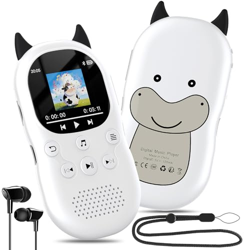 64GB mp3 Player for Kids with Bluetooth 5.3,Child Music Player with Speaker, FM Radio, Voice Recorder, Alarm Clock, Stopwatch, One Click to Play, Expandable up to 128GB,Cute Cow Shape, Free Lanyard