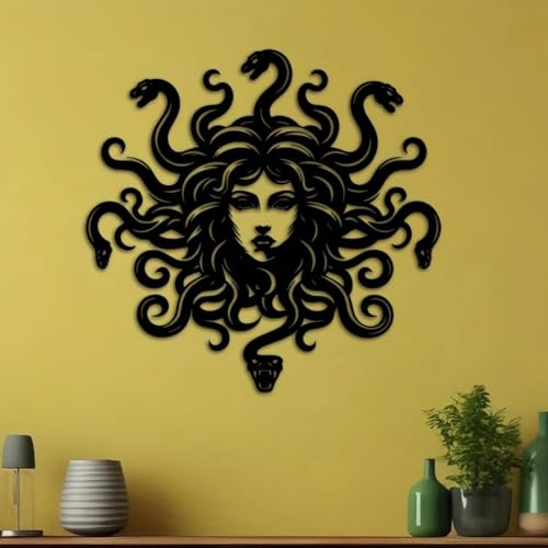 Metall Wanddeko Gothic Medusa“ 40 x 39 cm (15,75 x 15,2 Zoll) Mythologische Schlangenskulptur im Art déco Stil schwarz weiß für Innen und Außenbereiche Gothic Stil ideal für Hochzeiten Weihnachte
