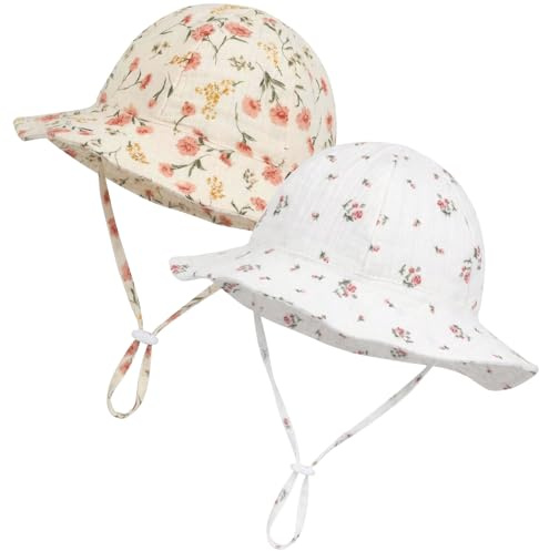 ViEinkaufen 2 Pack Baby Sun Hat Soft Cotton Bucket Toddler | Newborn Infant 3-12 Months Summer Fisherman Wide Brim Adjustable Chin Strap For Boys Girls