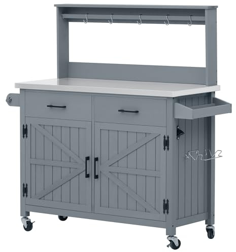 YJSPSSW 54.1 Outdoor Kitchen Island with High Shelf – Large Potting Bench Table Featuring Stainless Steel Top, Solid Wood Grill Cart, Lockable Wheels & Smart Storage for BBQ, Garden(Grey Blue)