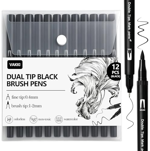 VAKKI Felt Tip Pens, 12 Pack Black Markers Colouring Pens for Adults, 0.4mm Fineliners for Art Drawing Sketching
