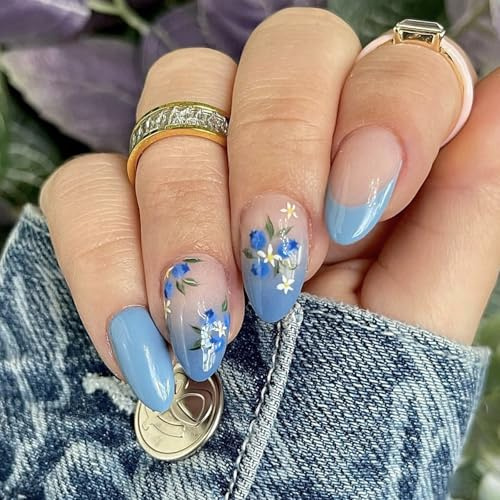 Ceboic 24 Stück Press on Nails Mandel Mittel Französische Blaue Nägel Zum Aufkleben mit Blumen Design Acryl Kunstnägel Natürliche Selbstklebende Künstliche Nägel für Frauen und Mädchen Nail Art
