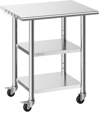 VEVOR Tavolo da Lavoro per Cucina 3 Ripiani, Tavolo per Ristorazione in Acciaio Inox con Ruote 3 Ripiani 762 x 610 x 864 mm Piano di Lavoro Carico max 227 kg, Preparazione Ristorante Hotel Catering