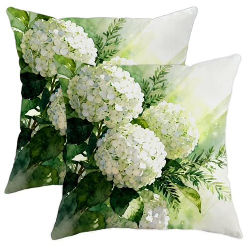 Juego de 2 fundas de almohada de hortensias, hojas naturales botánicas, helecho, verde primavera, con cremallera oculta, almohadas decorativas para sala de estar, cama, oficina, sofá, silla
