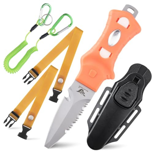Tauchmesser Rettungsmesser mit lumineszierendem Griff | 17,5cm Notfallmesser mit Sägezahnung & integriertem Seilschneider | Komplettes Zubehör-Set mit schwarzer Scheide, Gummibändern, Spiralseil & Kar
