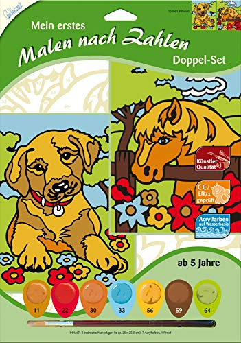 Mammut Spiel & Geschenk A30PPNF01 102001 - Mein erstes Malen nach Zahlen, Tiermotive, Hund & Pferd, Doppelpack, Komplettset mit 2 bedruckten Malvorlagen, 7 Acrylfarben und Pinsel, Malset für Kinder ab 5 Jahre bunt