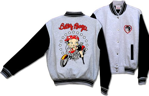 Licensed Betty Boop Biker Motorcycle Scoot Baseball Jacket Gray and Black BJ-9029 (Large)