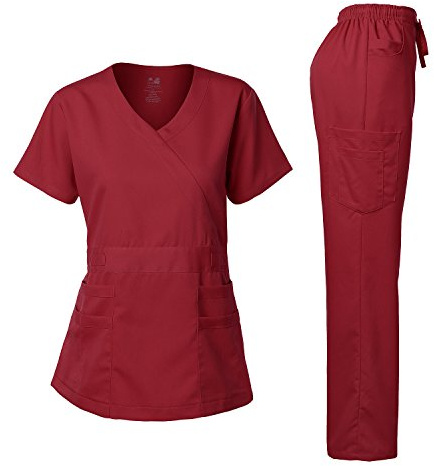 Dagacci Medical Uniform Women's Scrubs Set Stretch Ultra Soft Y-Neck Wrap Top and Pants Burgundy XL