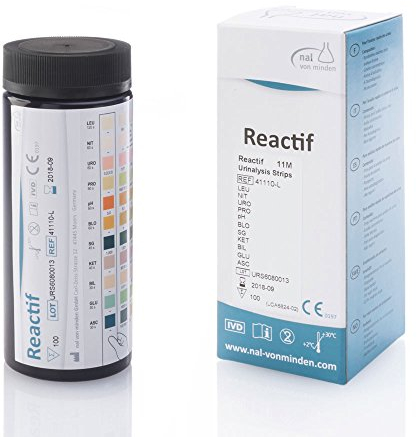 100x Reactif 11-in-1 Urine Test Strips - 11 Parameter Urine Dipstick Test Strips for Ascorbic Acid, Bilirubin, Blood, Glucose, Ketone, Leukocytes, Nitrite, pH, Protein, Specific Gravity & Urobilinogen