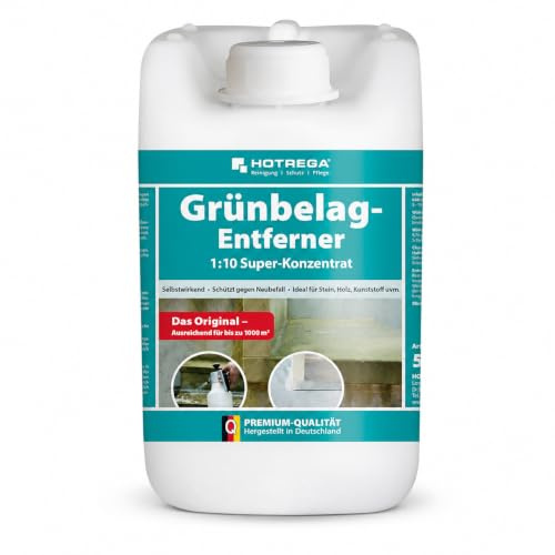 HOTREGA Grünbelagentferner Konzentrat 5 L | Algenentferner Stein & Holz | 1:10 Super Konzentrat | Für Terrasse, Fassade oder Dach | pH-neutral & chlorfrei | Schutz vor Neubefall