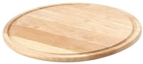 Continenta Holz Pizzateller aus Gummibaumholz mit Rille für Flüssigkeiten, Pizzabrett, Holzteller, Größe: Ø 33 x 1,2 cm
