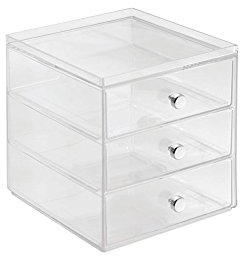 iDesign Schubladenbox für Kosmetik, kompakter Make-Up Organizer mit 3 Schubladen aus Kunststoff, stapelbarer Schubladenturm für Schminke, Kosmetika & mehr, durchsichtig