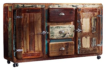 MASSIVMOEBEL24.DE | FREEZY massives Sideboard #07 - Mehrfarbig, lackiert aus Altholz 3 Schubladen - 2 Türen 40x150x90cm Kommode Tv-Sideboard Wohnzimmer-Schrank