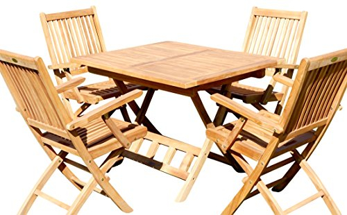 ASS Teak Set: Gartengarnitur Klapptisch 80x80 + 4 Klappsessel mit Armlehne Holz Serie JAV-AVES80+4S