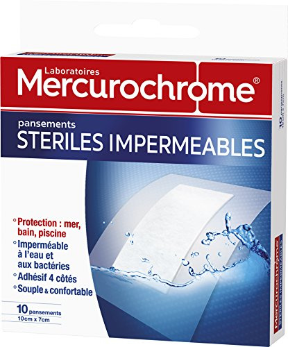 MERCUROCHROME - Pansements Stériles Imperméables Transparents - Boite de 10 Pansements Stériles Imperméables - Compresse Intégrée avec Voile Anti-Adhérent - 10 cm x 7 cm