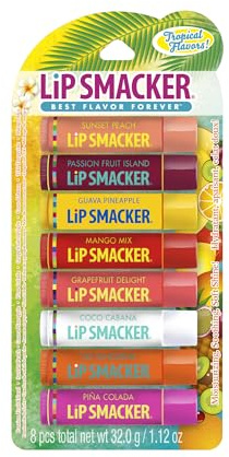 Lip Smacker Flavored Lip Balm Tropic Fever 8 Count (Pack of 1), Passion Fruit, Peach, Breezey-Teazey, Pina Colada, Grapefruit, Coca Cabana, Tangerine, Mango, Clear