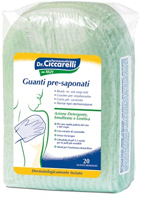 Dr Ciccarelli, Guanto Pre-saponato Monouso, Deterge Delicatamente e Rapidamente il Viso e il Corpo Senza l'Uso dell'Acqua, Dermatologicamente Testato, 100% Made in Italy, 20 Pezzi
