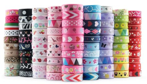 Summer-Ray 164,6 Metros de Cinta Grosgrain Impresa – 10mm de Ancho – 90 Diseños Únicos, 1,83 Metros Cada Uno – Poliéster, Lavable & Inalterable – Ideal para Manualidades & Costura