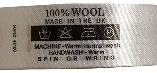 HAND ® Fabric Printed Wash Care Labels 100% Wool, Made in The UK, 30 Degree, DO NOT Bleach, 1 Dots Iron,Dry Clean, 20mmWx67mmL, Roll of 2000 Labels