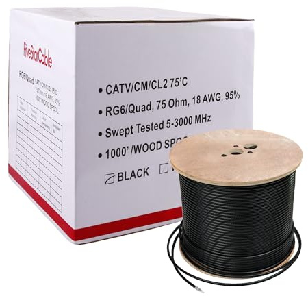 Five Star RG6 Quad Shield Coaxial Cable, 18AWG, 75 Ohm, 1000 ft Spool, ETL Listed, Black - Double Braid Shield, CCS Conductor, PVC Jacket for Broadcast, Satellite, and Cellular Applications