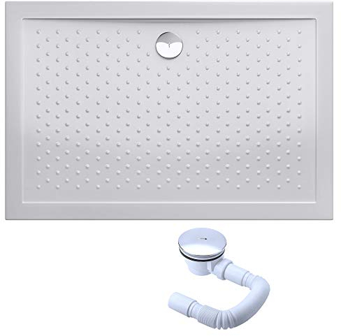 Mai & Mai Plato de Ducha 70x100x4 cm Antideslizante – Acrílico Blanco, Rectangular con Válvula de Desagüe AL01, Instalación a Ras de Suelo o Sobresuelo Lucia02
