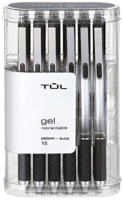 TUL Gel Pens, Retractable, Medium Point, 0.7 mm, Gray Barrel, Black Ink, Pack Of 12