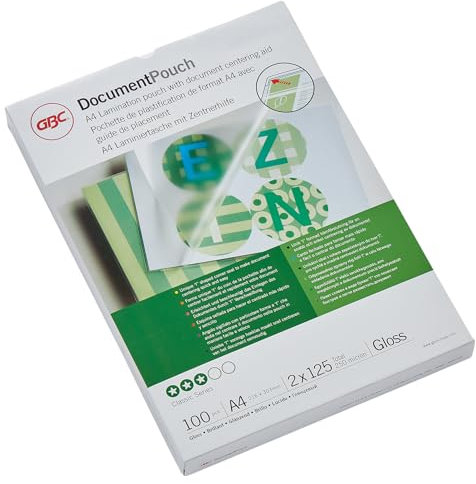 GBC Laminierfolien A4 125 mic, Robuste Laminiertaschen im 100er Pack, Glänzend, Transparent, Ideal für Büro & Schule, 3200723