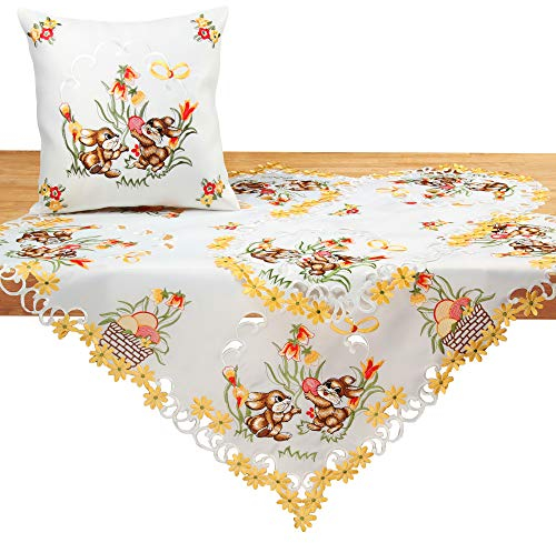 Quinnyshop Ostern Tischdecke/Tischläufer Weiß mit gelben Tulpen Stickerei - Größe wählbar (ca. 60 cm Rund)