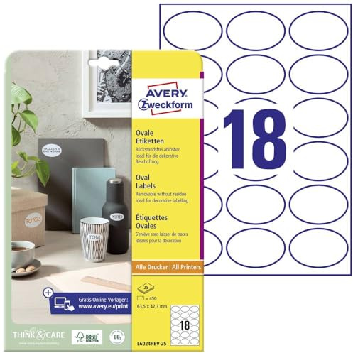 AVERY Zweckform L6024REV-25 ovale Etiketten (zum Bedrucken, selbstklebend, 63,5x42,3 mm, A4, 450 Aufkleber auf 25 Blatt, wieder haftende Klebepunkte zum Kennzeichnen von Unterlagen, Produkten) weiß