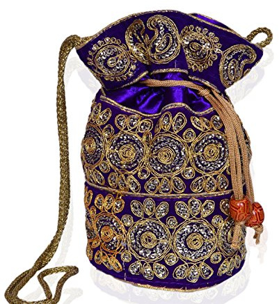 Purpledip Potli Bag (pochette con coulisse) da donna con intricato filo dorato e ricamo con paillettes, Viola, Taglia unica